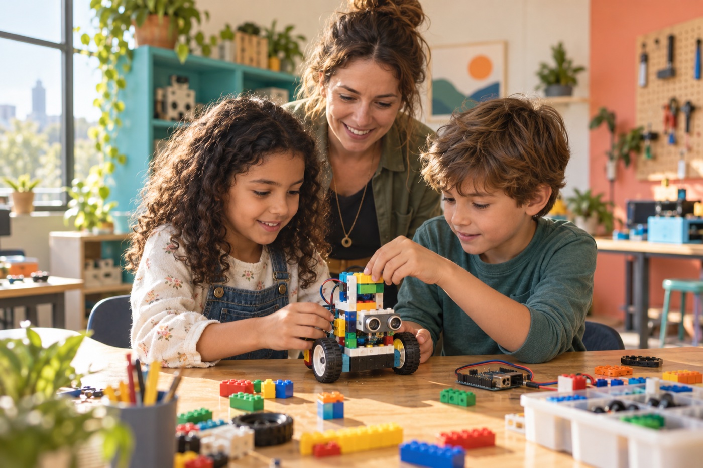Children exploring a colorful robot with a teacher; generated concept image